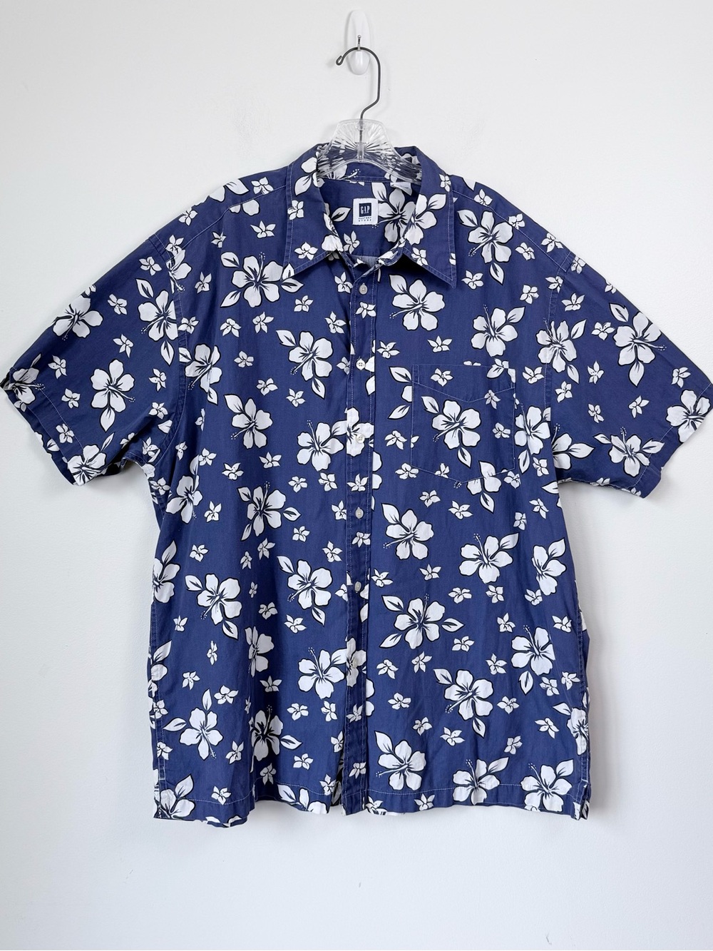 Vintage GAP Casual Blue Floral Camp Shirt - Blue with White Hibiscus XL